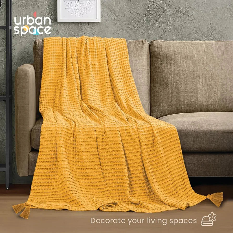 Urban Space 100% Cotton Waffle Throw Blanket, Soft Decorative Throw for Living Room, Sofa, Chair and Couch, Handmade,Reversible and Breathable Throw with Tassels